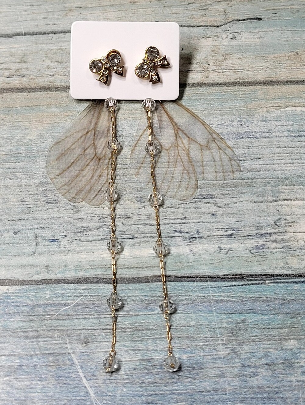 Gold Bow Crystal & Delicate Wing Drop Earrings - Gold